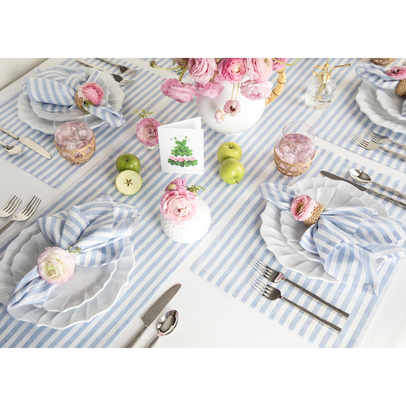 Amalfi Stripe - 100% Pure Linen Table Runner, 72" x 14", Sky Blue/White