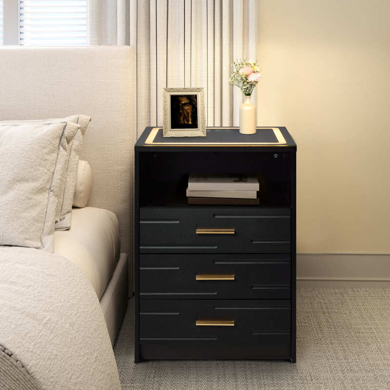  Led Nightstand With Wireless Charging, Smart Bedside Table With Drawers & Usb & Type-c Charging Ports, Black