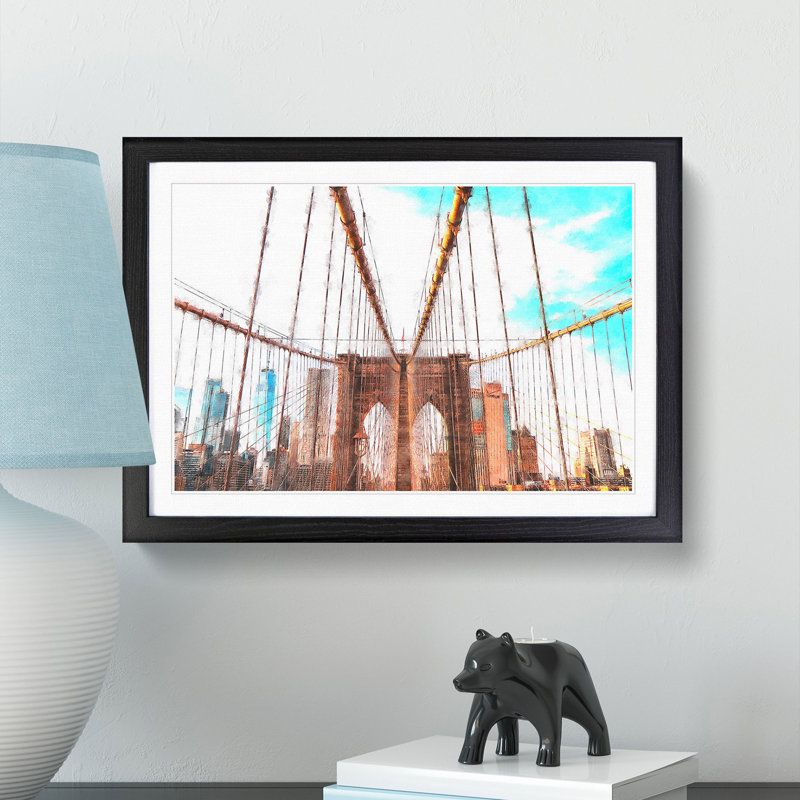 Brooklyn Bridge New York City Painting 1 Piece Single Picture Frame Wall Art on MDF, 62cm H x 87cm W x 2cm D, Black