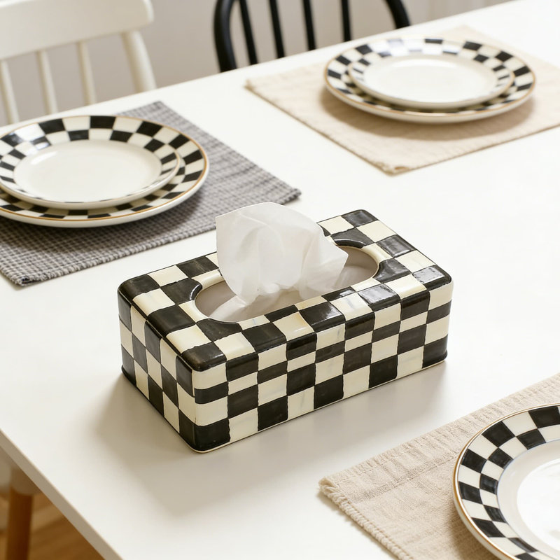 Elegant Tissue Box Cover For Home Decor, Hand-Painted Black And White Checkered Pattern, Decorative Holder For Standard Tissue Boxes