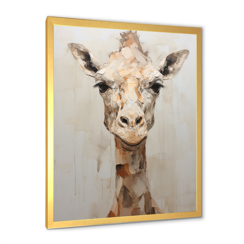 Minimalisme, girafe beige sur toile, Cadre doré simple, H 32 po x l 16 po x P 1 po
