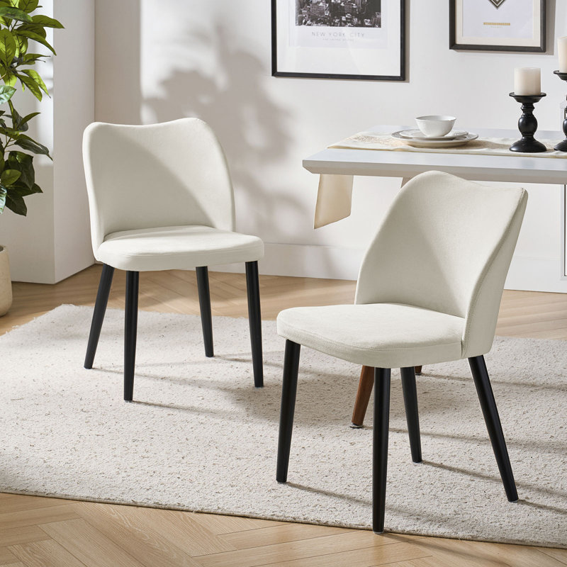 Odon Mid-Century Modern Dining Chair With Solid Wooden Legs Set Of 2, Black, Ivory