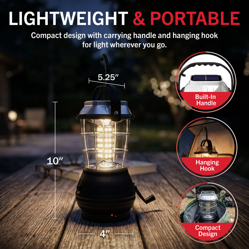 Whetstone Dynamo Hand Crank Solar Powered Lantern - Battery-Operated or Rechargeable LED Light with Adjustable Settings for Camping