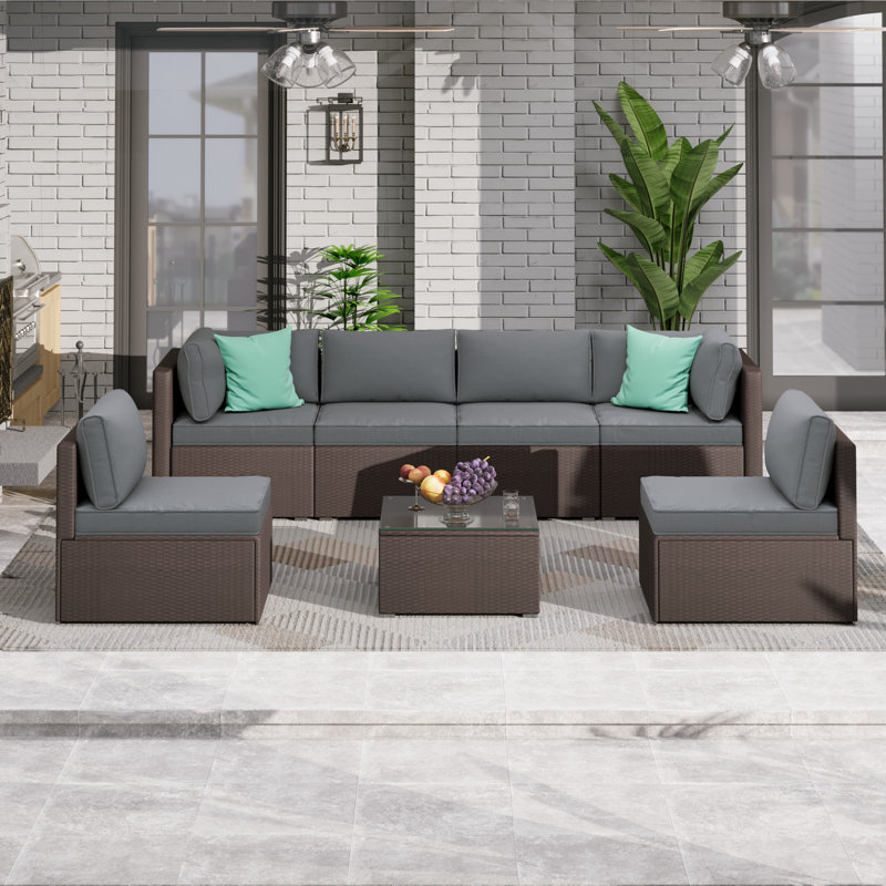 Accomac 6 - Person Modular Patio Conversation Set with Cushions, Dark Gray/Burgundy