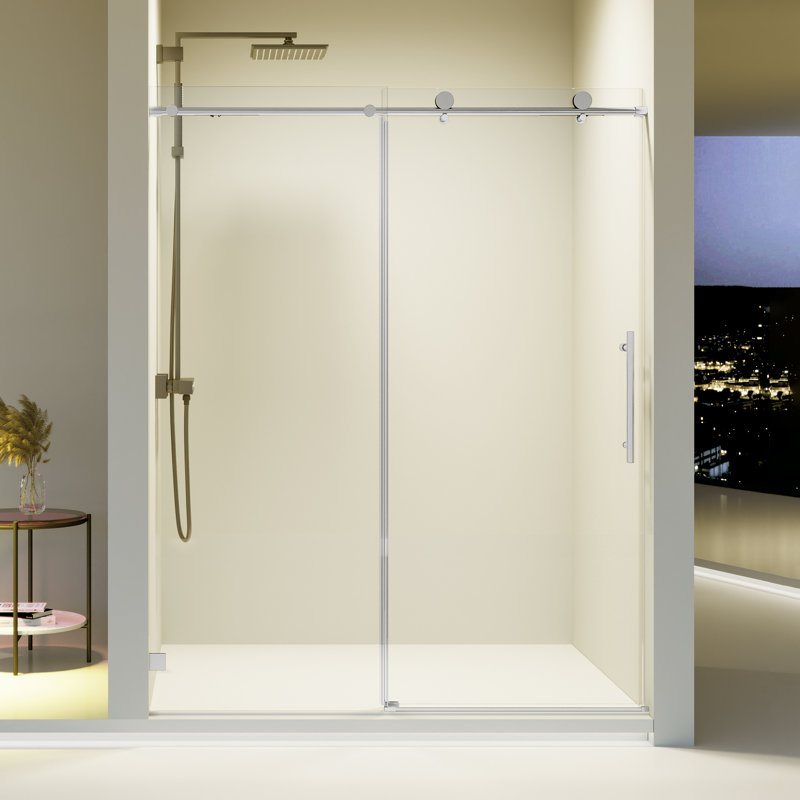 56-60 In W X 74 In H Shower Door, Frameless Single Sliding With Soft-Close 5/16 In Tempered Glass Door Smooth Rollers Stainless Steel Hardware Modern Bathroom Enclosure For Spacious Shower Experience