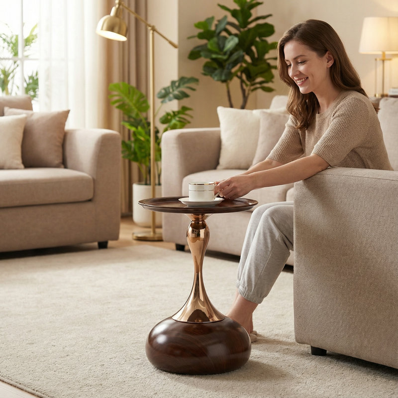 Modern Metal Round Tray Side Table With Pedestal Base, Walnut Brown Wood