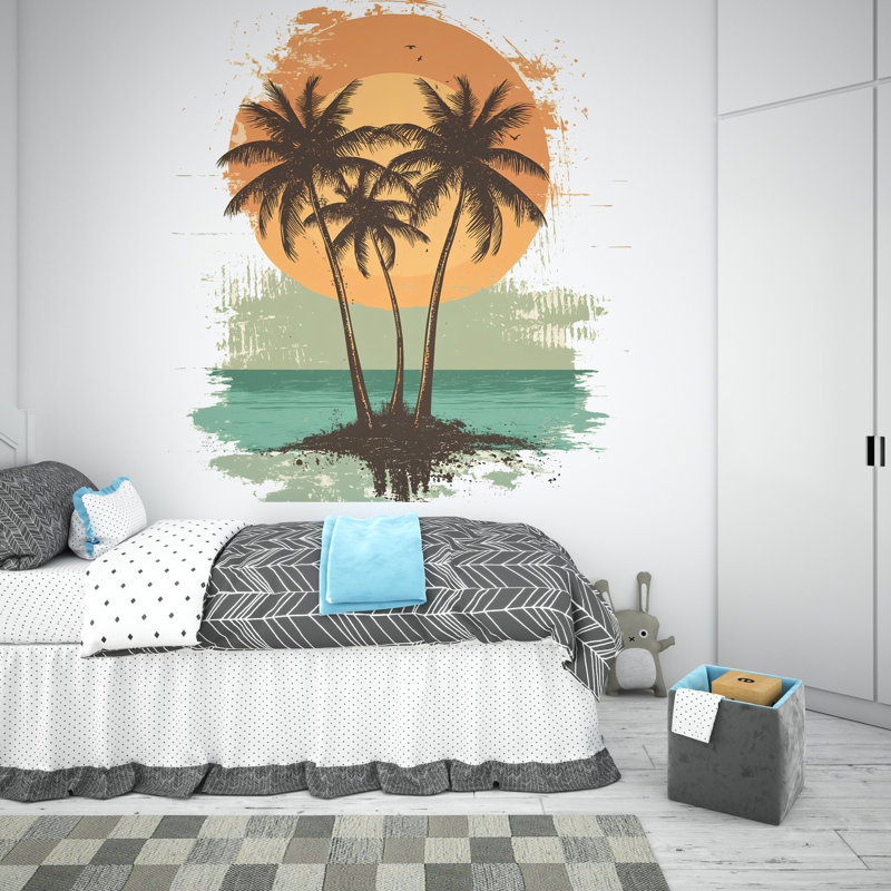 Tropical Palm Tree Sunset Wall Decal – Large Beach Mural For Bedroom, Coastal Boho Wall Art, Removable Vinyl Sticker 001Mv