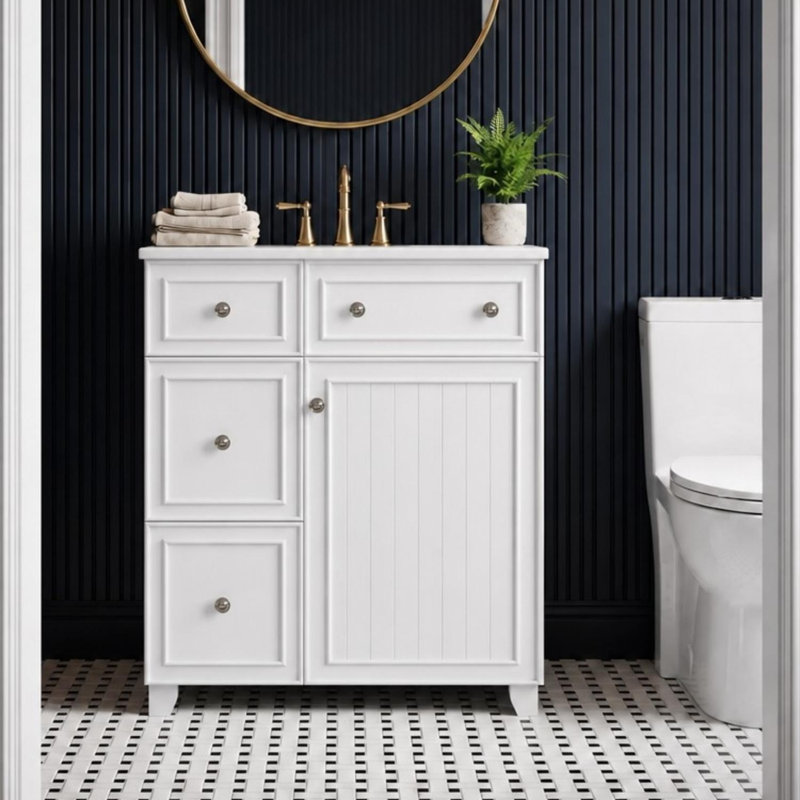 Meuble-lavabo compact autoportant avec lavabo en céramique et 2 tiroirs, Blanc
