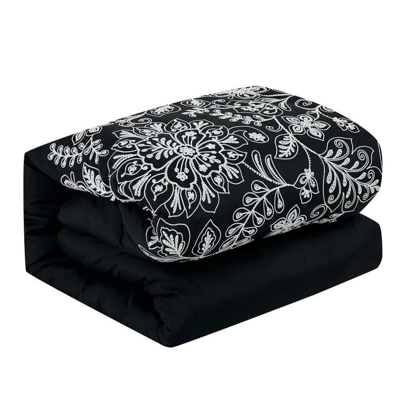 7 Piece Black Floral Comforter Set Embroidery Soft Bedding, Queen Comforter + 6 Additional Pieces