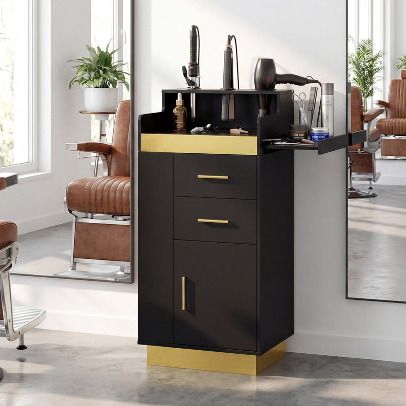 Freestanding Barber Station with Hair Dryer Holders, Salon Storage Cabinet with Drawers and Shelves, Beauty Organizer for Professional Salons, Spa Centers and Home