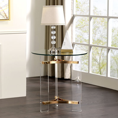 Table d'appoint ronde dorée avec plateau en verre trempé, 58 x 58 x 61 cm (23 x 23 x 24 pouces), une pièce, couleur or