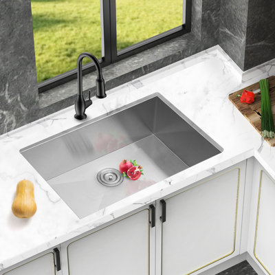 26" X 18" 9" 16 Gauge Undermount Stainless Steel Kitchen Sink Basin, Single Bowl With Drain Assembly, X - Shaped Water Guide For Fast Removal, Coating To Stop Condensation And Noise Pad 26 Inch