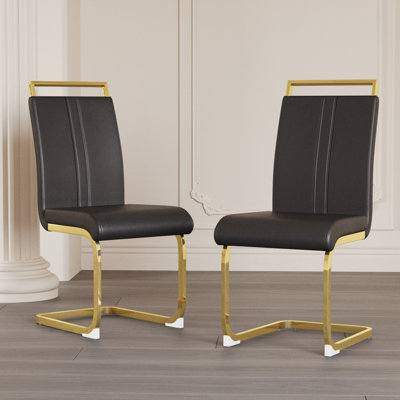 Modern Dining Chairs  2pcs  - Black Pu Faux Leather With High Back And Golden Plating Metal Legs For Room, Vanity Elegant Patio