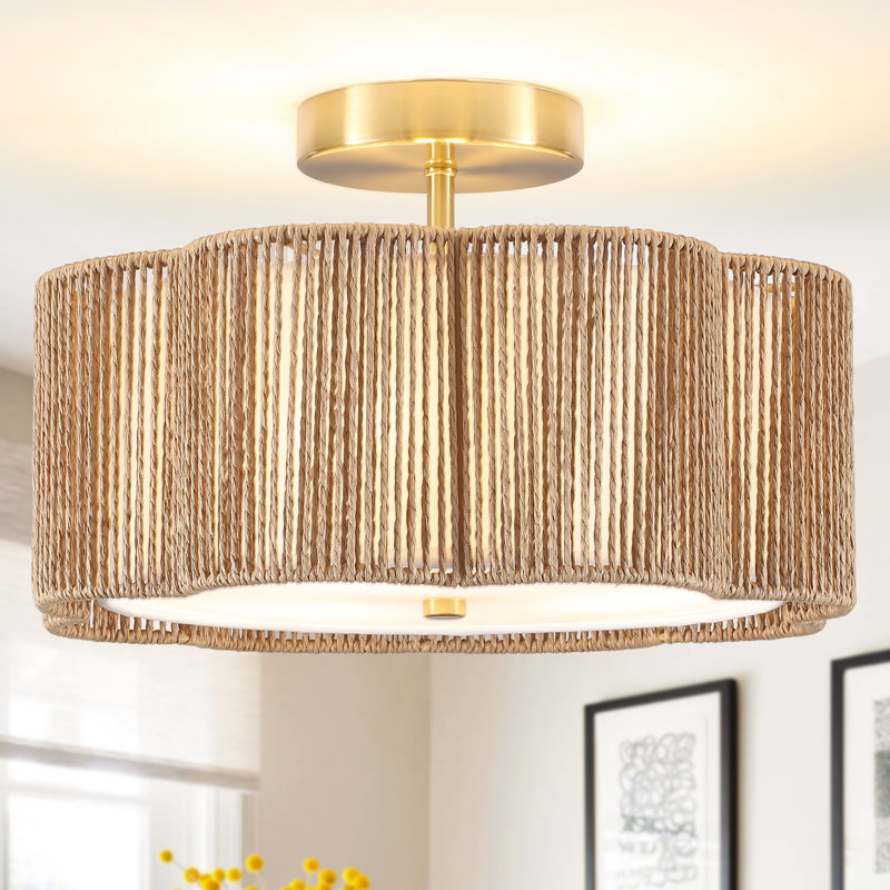 Plafonnier semi-encastré 3 lumières 12,6 po Boho Rattan, 12.6" W x 12.6" D, Brun, Blanc
