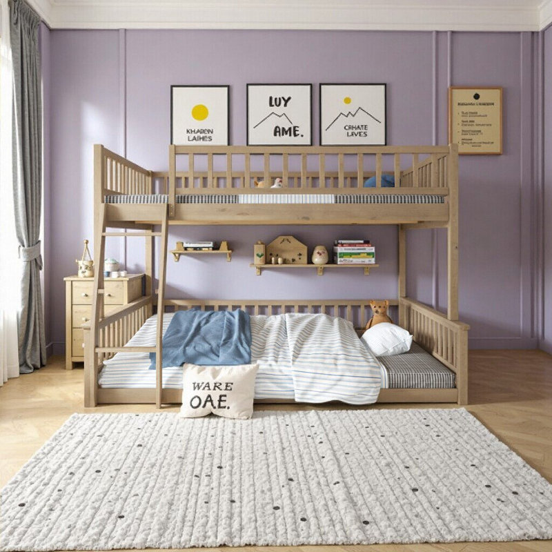 Ensemble de lit superposé convertible en noyer double au-dessus de grand lit avec échelle et garde-corps - conception en bois massif 2-en-1 peu encombrant