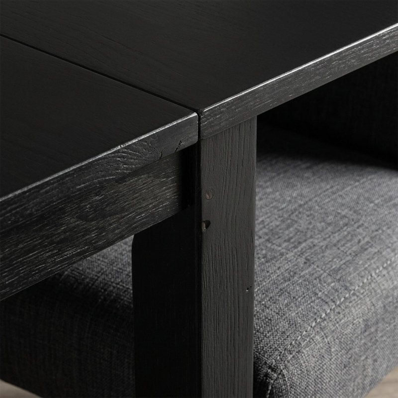 Ensemble de table à manger rectangulaire en bois noir et tissu lin avec rallonge papillon et 2 chaises Parson rembourrées