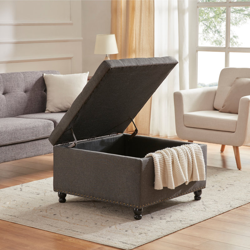 Arshi 30'' Tufted Square Storage Ottoman, Dark Gray Linen Blend