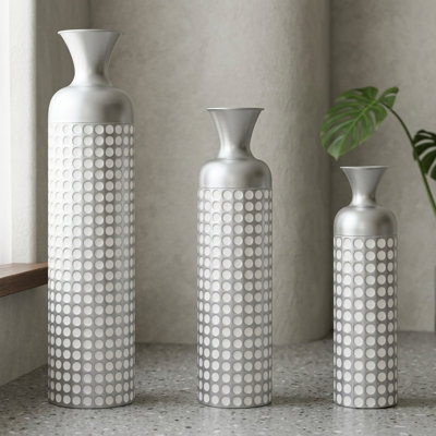 Ensemble de 3 vases en métal argenté - Vases de plancher semi-artisanaux emboîtés pour le salon et la cheminée