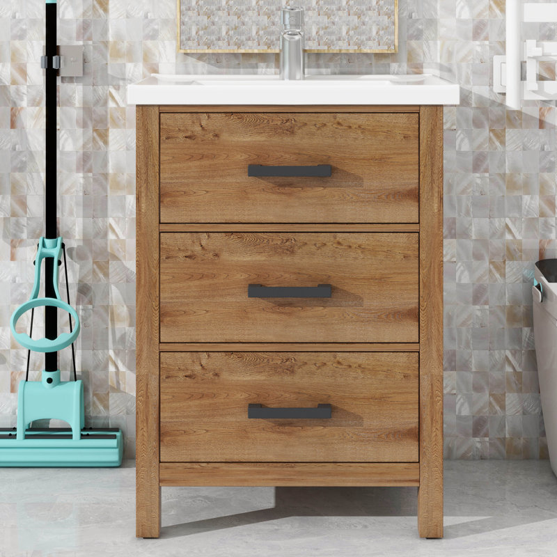 Meuble-lavabo de 24 po équipé d'un lavabo en céramique, unité de rangement de salle de bain moderne comprenant 3 tiroirs