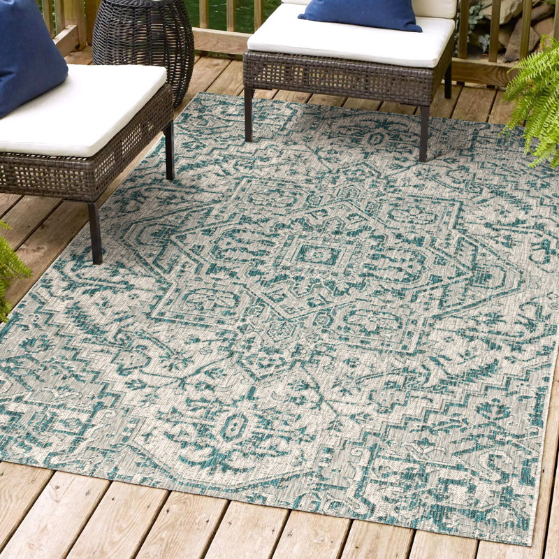 Tapis intérieur / extérieur bleu sarcelle / gris Truman, Rectangle 10 pi x 14 pi