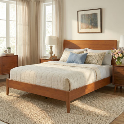 Mid-Century Modern Solid Bamboo Wood Sled Platform Bed Frame with Wood Slats and Metal Support,Sleigh Bed,No Box Spring Needed,Easy Assembly