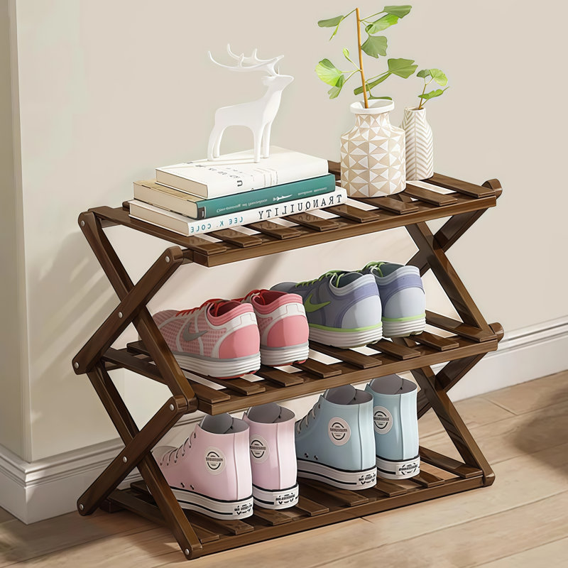 Bamboo Foldable Shoe Shelf with 3 Rows, Brown