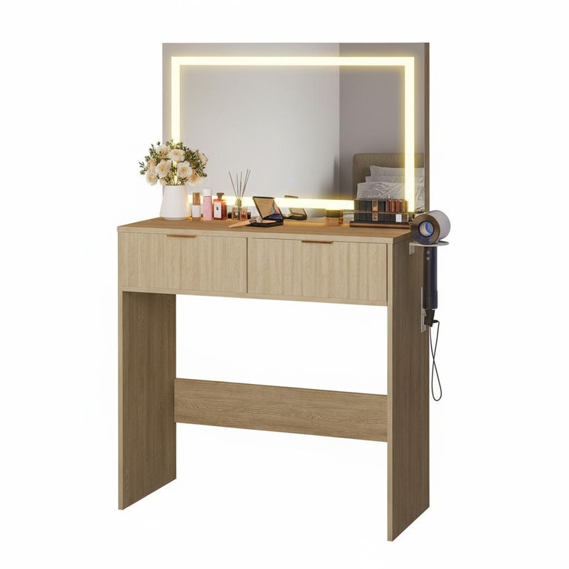 Coiffeuse à maquillage moderne cannelée avec miroir à DEL et prise de courant USB et séchoir à cheveux avec 2 tiroirs pour la chambre à coucher