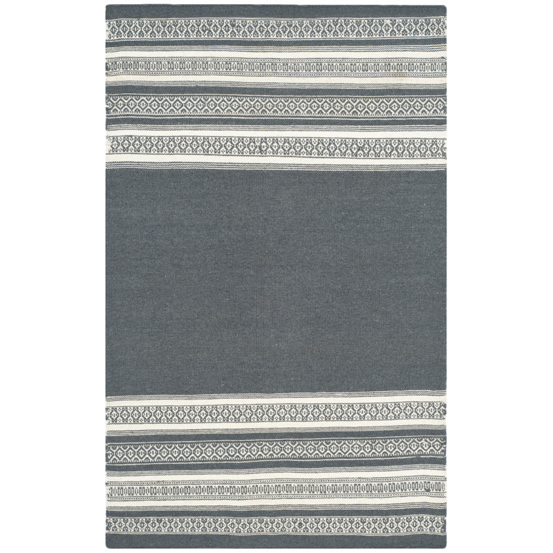 Rodgers Hand Woven Flat Weave Wool/Cotton Striped Rug in Dark Gray, Rectangle 3' x 5'