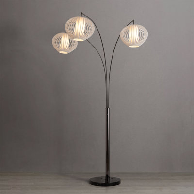 Bloom 3-Light Arc Floor Lamp - Black Nickel, Black Marble Base, White Satin Shade, Dimmer