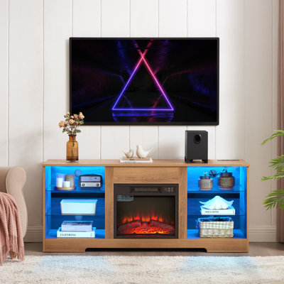 Meuble télé 58 po pour foyer électrique avec lumières à DEL et prises de recharge USB, console multimédia 3D 2-en-1 avec tablettes en verre, gestion des câbles pour téléviseurs de 62 po ou moins