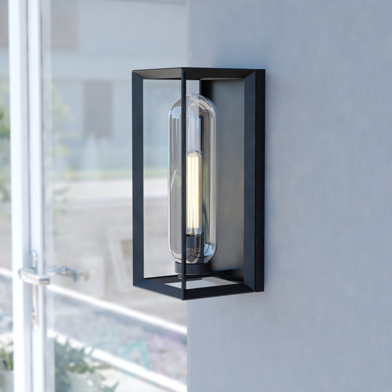 15.5 in. H 1-Light Textured Black Transitional Outdoor Wall Sconce made of Durable Steel, Clear Glass Shade, LED Compatible, Use for Exterior Porch Patio Front Door or Garage