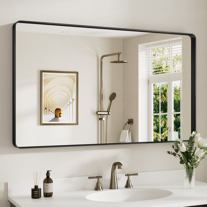 Miroir de salle de bain mural Llesenia, Noir mat, Rectangulaire, 28 po x 48 po