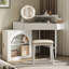 Corner Makeup Vanity Desk With Adjustable Folding Mirror, 3-colour Led Lighting, Adequate Storage And Stool