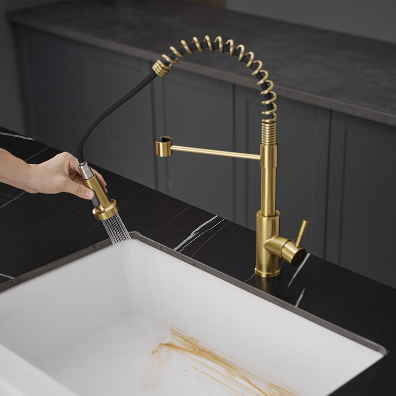 Robinet de cuisine à un trou avec douchette extractible et robinets d'évier de cuisine à poignée simple, Or brossé