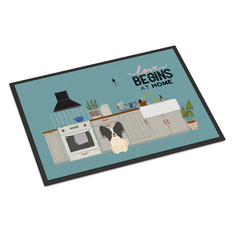 Black Pekingese Kitchen Scene Doormat, Black White Papillon, 18 W" x 27 L"