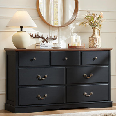 Farmhouse 7 Drawer Dresser for Bedroom,54" Wide Wood Rustic Chest of Drawers,Farmhouse Chest of Drawers for Bedroom,Wood Drawer Organizer for Bedroom,Hallway (Black)