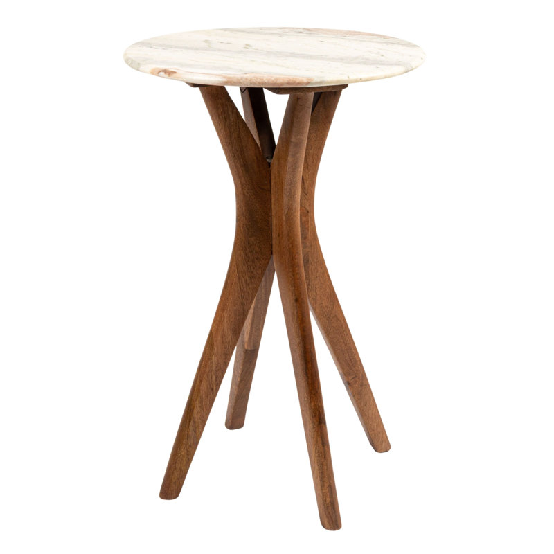 Owen Round Mango Wood and Marble Martini Accent Table, Walnut, Brown/Walnut