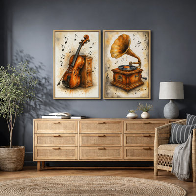 Œuvre d'art vintage violon et Gramophone, photos de salle de musique classique, impression sur toile encadrée, 2 pièces