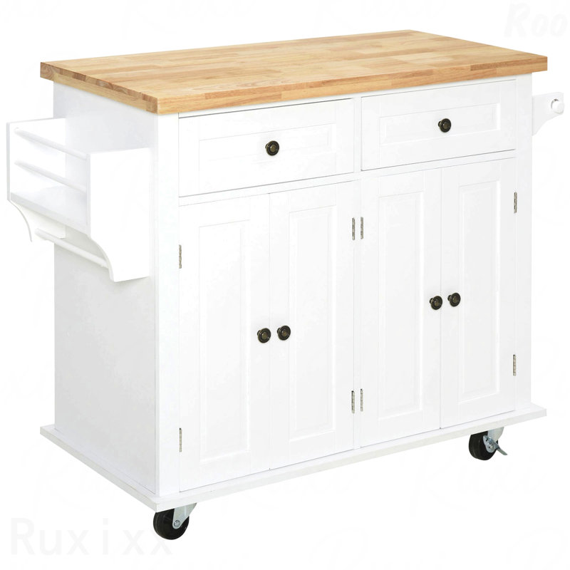 Kitchen Island On Wheels, Rolling Cart With Rubberwood Top, Spice Rack, Towel Rack And Drawers For Dining Room, White