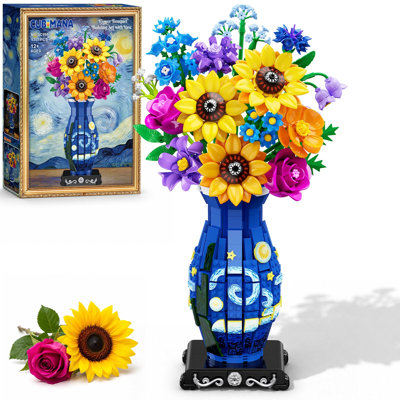 Starry Night Flower Bouquet Building Set with LED Lights, 1331-Piece Mini Brick Floral Arrangement with Decorative Vase for Home & Office