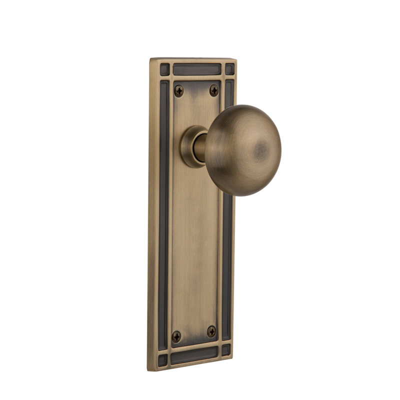 New York Double Dummy Door Knob with Mission Long Plate, Antique Brass