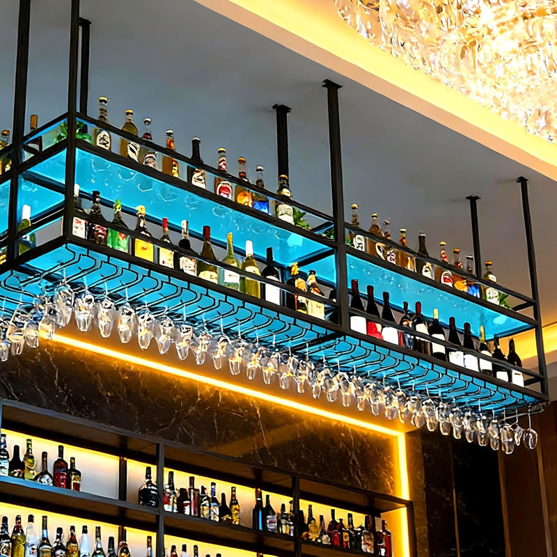 47.2IN Ceiling Wine Glass Rack, Hanging Wine Rack With Acrylic Transparent Shelves And LED Lights, Modern Multi Use Hanging Liquor Display Shelf For Bar, Kitchen Decoration (47.2In/120Cm)