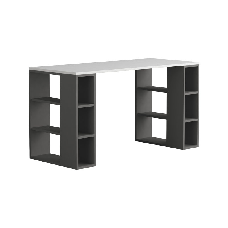 Simone Modern Desk with Built-in Bookcase – Stylish Workspace Desk with 6 Open Shelves, Anthracite, White
