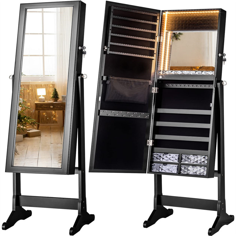 Armoire à bijoux rustique moderne avec miroir à DEL, Noir