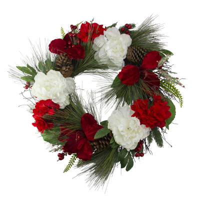 Peony and Amaryllis Twig Artificial Floral Wreath Red 24-Inch