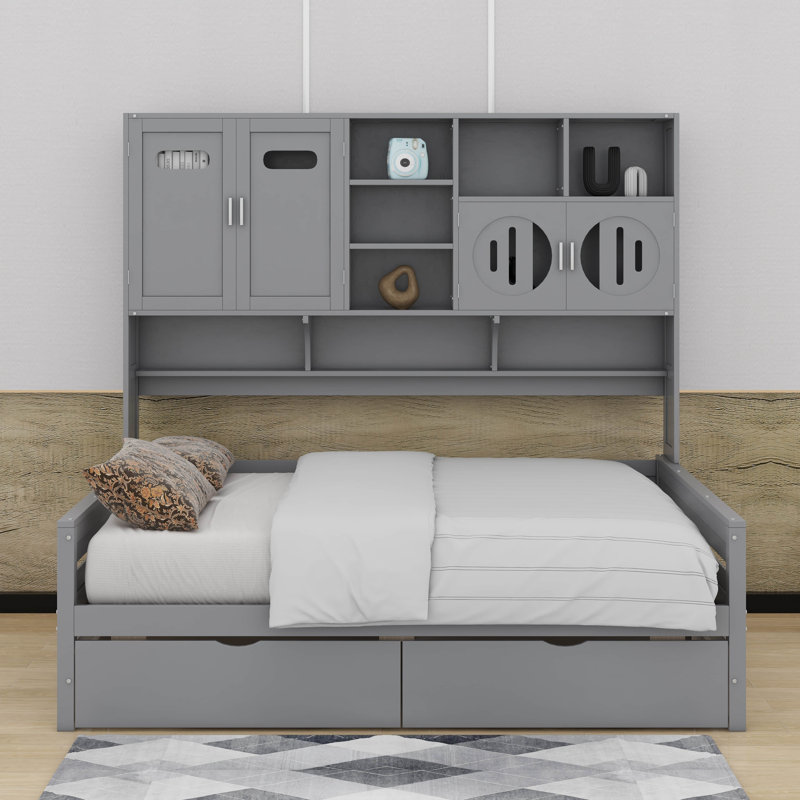 Lit de jour en bois avec tiroirs, Complet/Double, Gris
