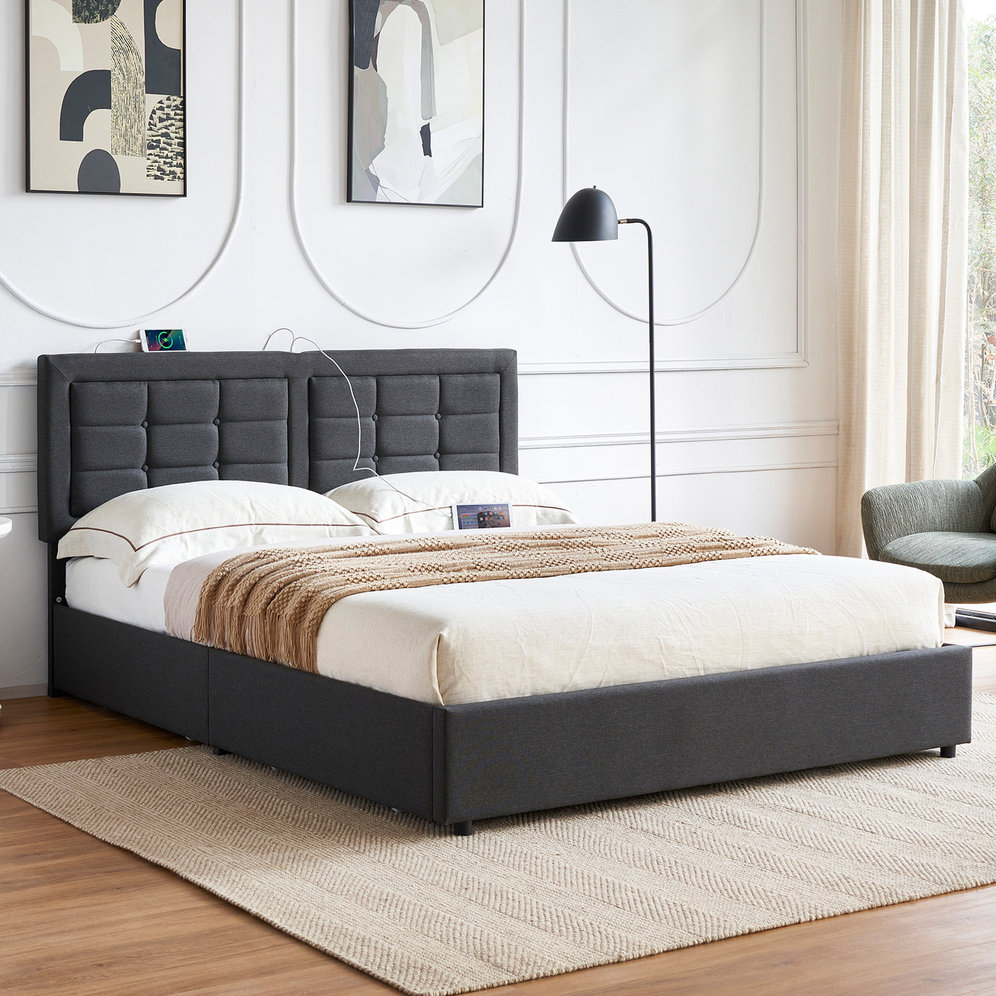Dark Gray Upholstered Full Bed Frame With Storage Headboard, USB Ports, And LED Lights