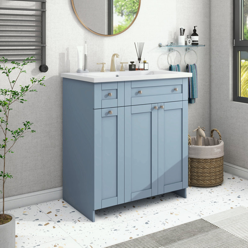 Meuble-lavabo de salle de bain avec lavabo en céramique, 2 portes à fermeture douce et tiroir profond à deux niveaux, Bleu