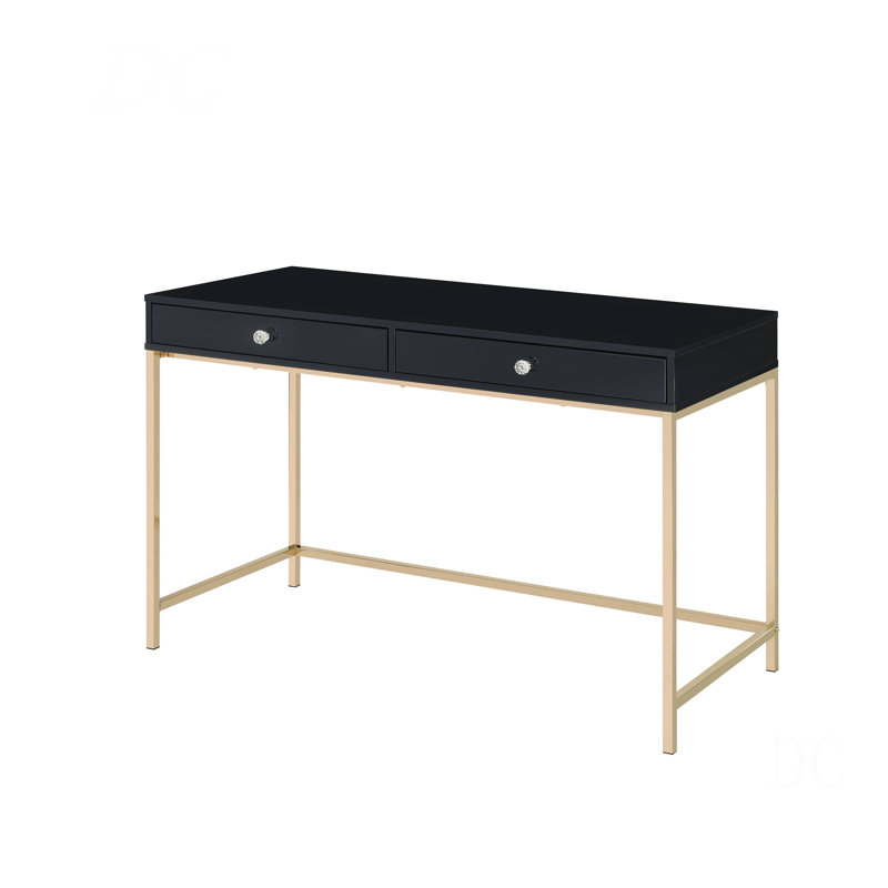 Bureau d'écriture 2 tiroirs noir ultrabrillant et doré