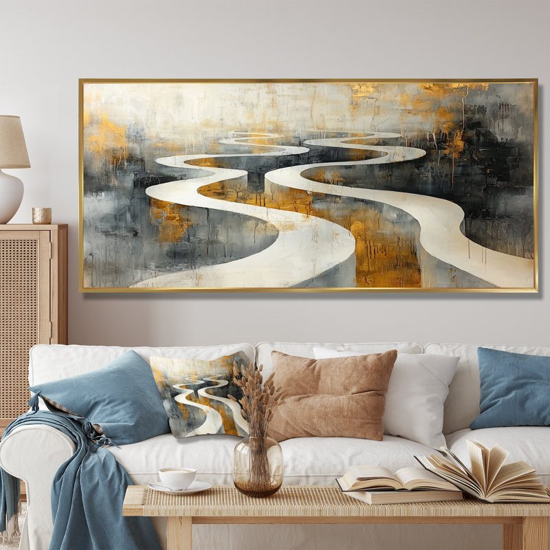 Voies éphémères d'art optique - Art mural d'art, H 28 po x l 60 po, Impression encadrée flottante, Doré